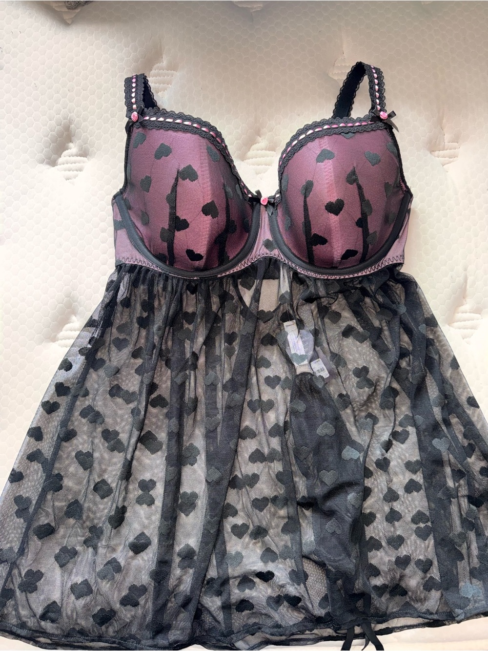 78. Sheer Heart-Print Babydoll Chemise - Pink and Black